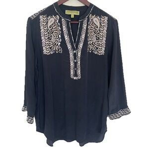 Vintage Sigrid Olsen Signature Embroidered 100% Silk Tunic Top L Mandarin Collar